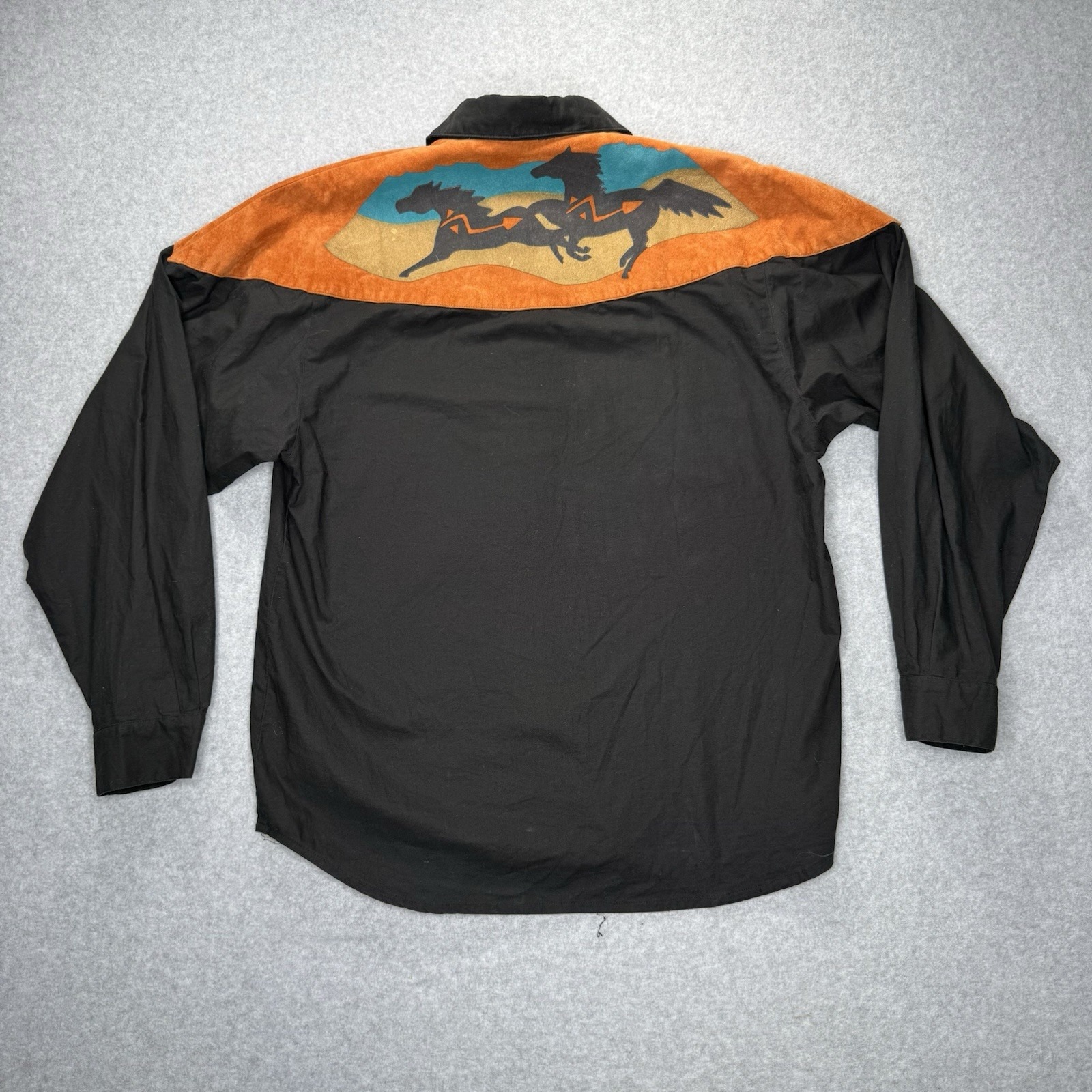 Vtg Wrangler Southwestern Aztec Button Up Shirt Womens Large Black Horse Cowgirl